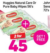 Huggies Natural Care Or Pure Baby Wipes- 2x 56's 