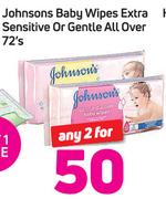Johnsons Baby Wipes Extra Sensitive Or Gentle All Over-2 x 72's