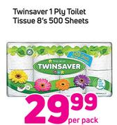 Twinsaver 1 Ply Toilet Tissue-8 x 500 Sheets Per Pack