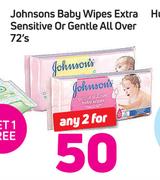 Johnsons Baby Wipes Extra Sensitive Or Gentle All Over-2 x 72's