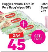 Huggies Natural Care Or Pure Baby Wipes-2 x 56's Get 1 Free