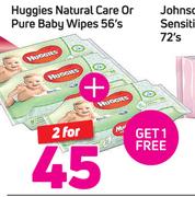 Huggies Natural Care Or Pure Baby Wipes 56’s + Get 1 Free-For 2