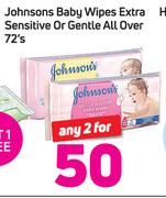 Johnsosns Baby Wipes Extra Sensitive Or Gentle All Over 72’s-For 2