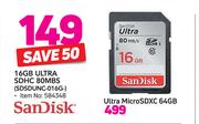 Sandisk 16GB Ultra SDHC 80 MBS SDSDUNC-016G