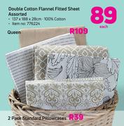 Double Cotton Flannel Fitted Sheet Assorted 137 x 188 x 28cm-Each