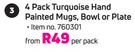 4-Pack Turquoise Hand Painted Mugs/Bowl Or Plate-Per Pack