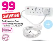 Simple Choice 3m Extension Cord Plus 6 Way Multiplug 