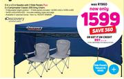 Discovery 3m x 4.5m Gazebo With 3 Side Panels Plus 2 x Campmaster Classic 200 Grey Chairs
