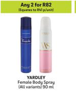 Yardley Female Body Spray (All Variants)-For 2 x 90ml