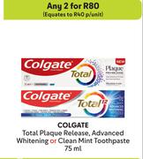 Colgate Total Plaque Release,Advanced Whitening Or Clean Mint Toothpaste-For Any 2 x 75ml