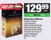 Robertson Winery Natural Sweet White, Smooth Dry Red Or Johannisberger White Or Red-3Ltr Each