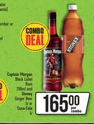 Captain Morgan Black Label Rum 750ml & Stoney Ginger Beer 1L Or Coca Cola 1L-Per Combo