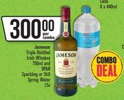 Jameson Triple Distilled Irish Whisky 750ml & Spar Sparkling Or Still Spring Water 1.5L-Per Combo