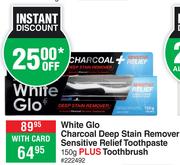 White Glo Charcoal Deep Stain Remover Sensitive Relief Toothpaste 150g Plus Toothbrush 222492
