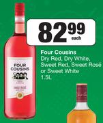 Four Cousins Dry Red, Dry White, Sweet Red, Sweet Rose Or Sweet White 1.5Ltr-Each