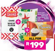 Sasko Cake Wheat Flour 5Kg + White Star Super Maize Meal 5Kg + Spekko Rice 5Kg-All for