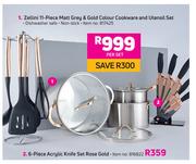 Zellini 11 Piece Matt Grey & Gold Colour Cookware And Utensil Set-Per Set