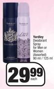 Yardley Deodorant Spray For Men Or Women Assorted-90ml/125ml Each