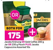 Jacobs Kronung Or Gold Coffee 200g Jar Or 230g Pouch Plus Jacobs Cappuccino Assorted 10s-Both For