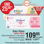 Johnson's Baby Wipes Value Pack Extra Sensitive 6x56 Wipes- Per Pack