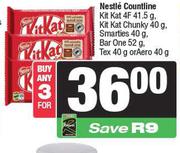 Nestle Countline Kitkat 4F 41.5g,Kitkat Chunky 40g,Smarties 40g,Barone 52g,Tex 40g Or Aero 40g-For 3