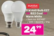 Eurolux 9W A60 Bulb E27 Or B22 Cool Or Warm White-Each