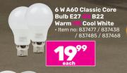 6W A60 Classic Core Bulb E27 Or B22 Warm Or Cool White-Each