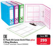 Files 6-Pack A4 Lever Arch Files Plus 2 Ring Binders 295992-Per Pack