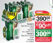 Hunter's Real Dry Or Gold Handies 24x330ml & Hunter's Real Dry Or Gold Cider Handies 6x330ml-Per Com