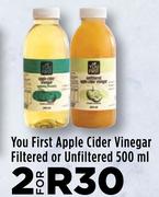 You First Apple Cider Vinegar Filtered Or Unfiltered-For 2 x 500ml