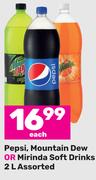 Pepsi, Mountain Dew Or Mirinda Soft Drinks Assorted-2L Each