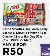 Nestle Smarties,Tex,Aero,Milky Bar 40g,Kitkat 4 Finger 41.5g,Chunky 42g Or Barone 52g-For 6