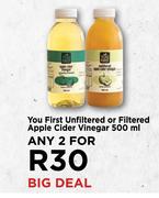 You First Unfiltered Or Filtered Apple Cider Vinegar-For Any 2 x 500ml