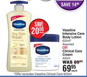 Vaseline Intensive Care Body Lotion 625ml Assorted Or Clinical Care Cream 400ml-Each