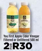 You First Apple Cider Vinegar Filtered Or Unfiltered-For 2 x 500ml