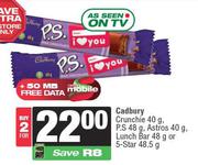 Cadbury Crunchie 40g,P.S 48g,Astros 40g,Lunch Bar 48g Or 5 Star 48.5g-For 2