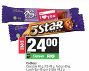 Cadbury Crunchie 40g,P.S 48g,Astros 40g,Lunch Bar 48g Or 5 Star 48.5g-For 2