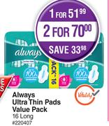 Always Ultra Thin Pads Value Pack 16 Long-For 1