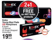 Kotex Young Maxi Pads Or Pantyliners 8 Super, 10 Normal, 20 Single Wrapped Unscented-Each