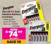 Energizer Max AA Or AAA Alkaline Battery 4 + 2 Pack