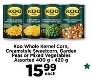 Koo Whole Kernel Corn, Creamstyle Sweetcorn, Garden Peas Or Mixed Veg-400g/420g Each