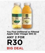 You First Unfiltered Or Filtered Apple Cider Vinegar -For Any 2 x 500ml