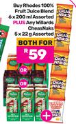 Rhodes 100% Fruit Juice Blend 6 x 200ml Assorted Plus Any Willards Cheas Naks 5 x 22g-For Both
