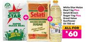 White Star Maize Meal 1Kg+Selati Brown Sugar 1Kg+Great Value Sunflower Oil 750ml-All For