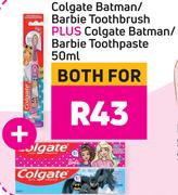 Colgate Batman/Barbie Toothbruh Plus Colgate Batman/Barbie Toothpaste 50ml-For Both