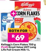 Kellogg's Corn Flakes 750g Plus Great Value UHT Long Life Full Cream Milk 1L-Both For