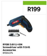 Ryobi 3.6V Li-Ion Screwdriver With 11 Drill Accessories 81504374