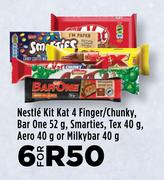 Nestle Kitkat 4 Finger/Chunky,Bar One 52g,Smarties,Tex 40g,Aero 40g Or Milkybar 40g-For 6