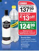 Russian Bear Triple Distilled Vodka (Including All Flavours) & Schweppes Lemonade 1L-Per Combo