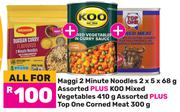 Maggi 2 Minute Noodles 2 x 5 x 68g + Koo Mixed Vegetables 410g + Top One Corned Meat 300g-All For